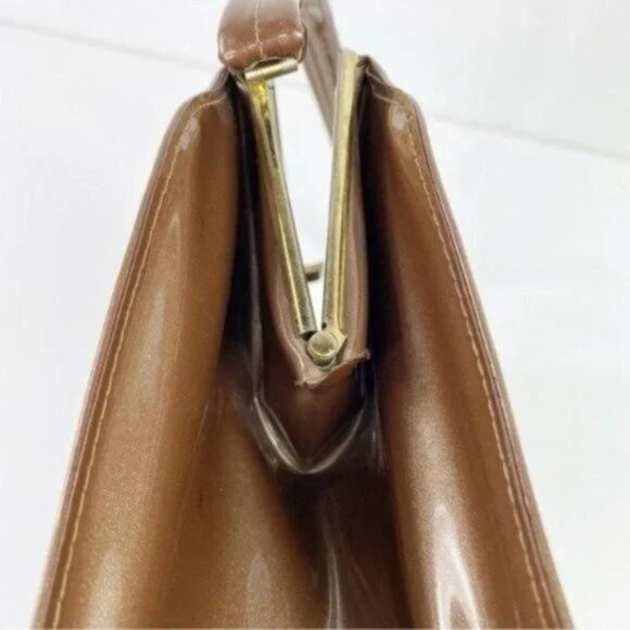 VINTAGE Patent Vinyl Kelly Style Box Purse Top Handle Satchel - Picture 6 of 10